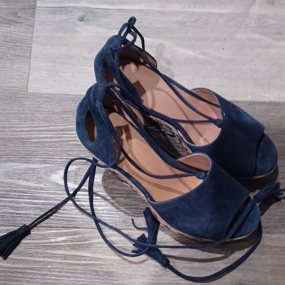 CAbi Isla Navy Suede Aztec Peep-Toe Lace-Up Espadrille Wedge Sandals